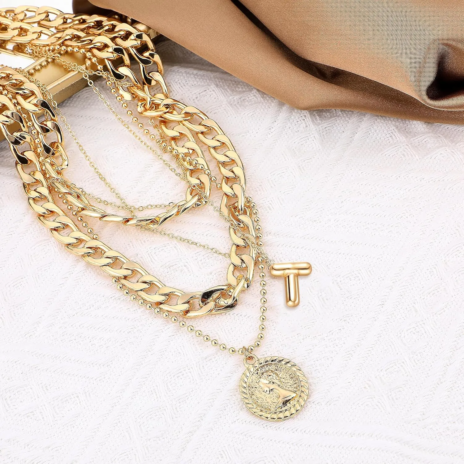 MJartoria Gold Layered Necklaces for Women Trendy Balloon Initial Pendant Necklace Dainty Chunky Chain Choker Necklaces Jewelry Birthday Gifts