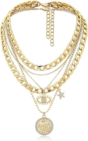 MJartoria Gold Layered Necklaces for Women Trendy Retro Coin and Evil Eye Pendant Necklace Dainty Chunky Chain Choker Necklaces for Jewelry Birthday Gifts