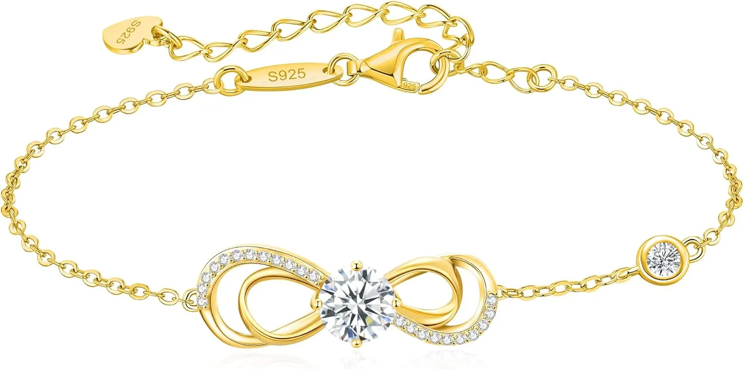 Moissanite Infinity Heart Bracelets for Women,925 Sterling Silver Gold Plating,Adjustable Anniversary Birthday Fine Jewelry Gifts for Wife Her Mom