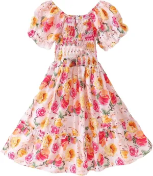 Moonker Kids Girls Summer Floral Dress with Short Ruffle Sleeve Casual Elegant A-line Smocked Waist Girls
