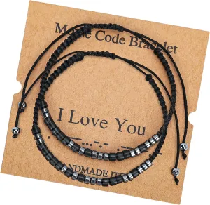 Morse Code Bracelets for Women Men, String Bracelets, Inspirational Bracelets Gifts for Couples Mom Daughter Best Friend Adjustable bracelets with Black Hematite Beads