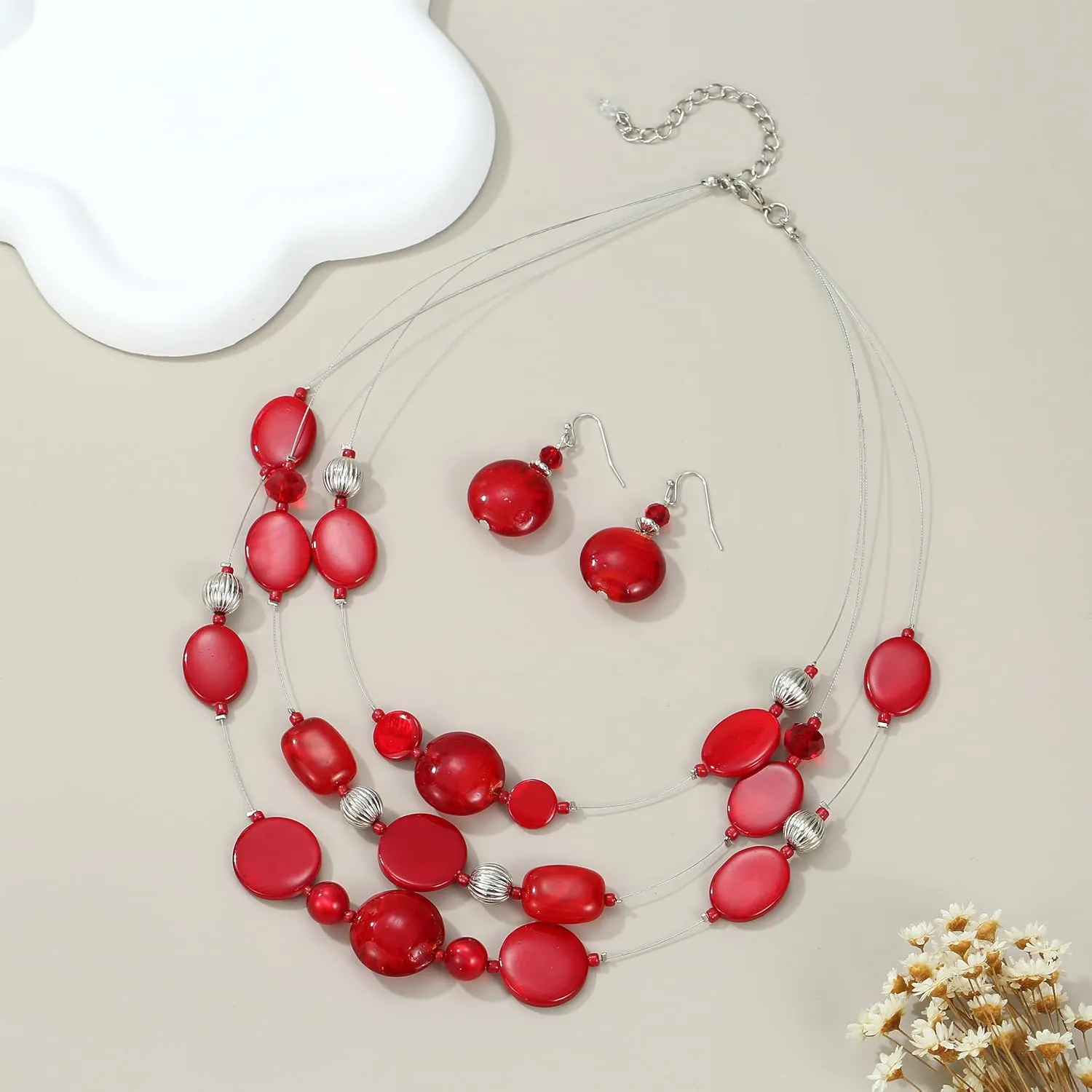 Multi Layered Beaded Necklaces for Women Murano Glass Statement Necklace and Earrings Set Shell Costume Jewelry Handmade Boho Necklaces and Dainty Glass Flower Earrings for Women Jewelry Gift