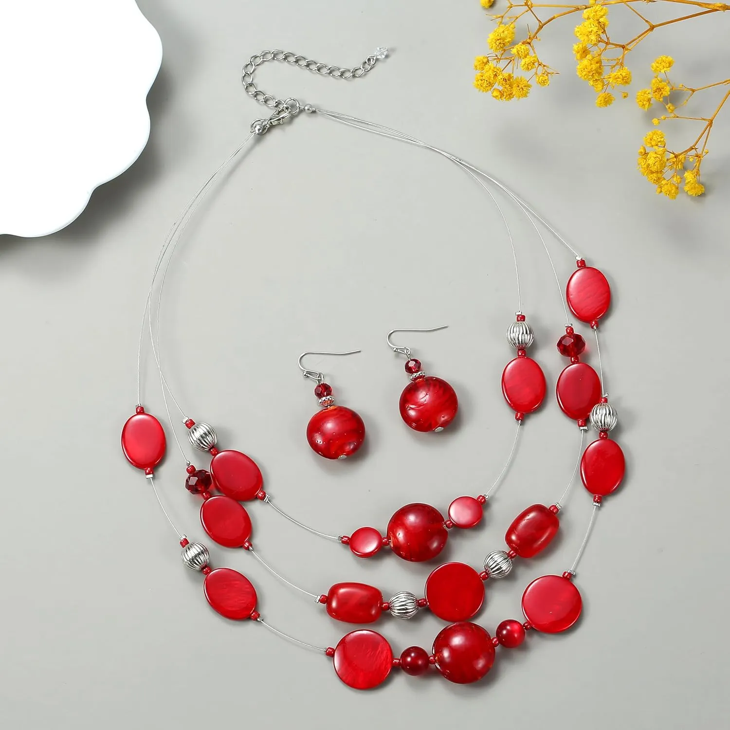 Multi Layered Beaded Necklaces for Women Murano Glass Statement Necklace and Earrings Set Shell Costume Jewelry Handmade Boho Necklaces and Dainty Glass Flower Earrings for Women Jewelry Gift