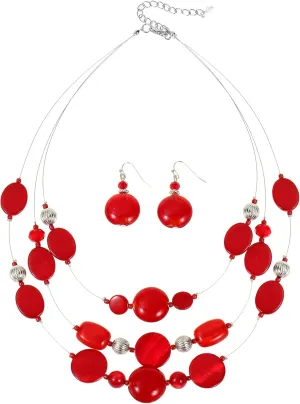 Multi Layered Beaded Necklaces for Women Murano Glass Statement Necklace and Earrings Set Shell Costume Jewelry Handmade Boho Necklaces and Dainty Glass Flower Earrings for Women Jewelry Gift