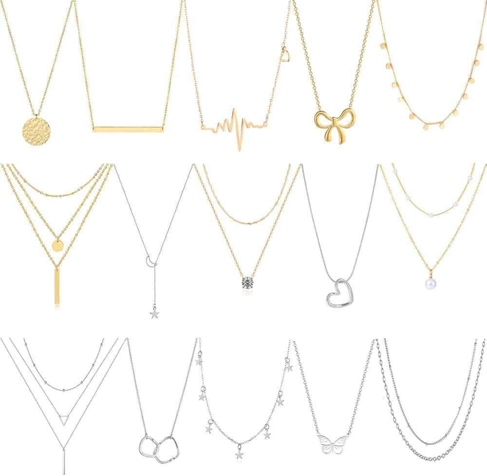 Myofeng 16Pcs Gold Necklaces Set for Women 14k Gold Plated Dainty Trendy Pendant Chain Choker Pack Multilayer Necklace Set for Women Adjustable Jewelry Gift