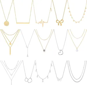 Myofeng 16Pcs Gold Necklaces Set for Women 14k Gold Plated Dainty Trendy Pendant Chain Choker Pack Multilayer Necklace Set for Women Adjustable Jewelry Gift