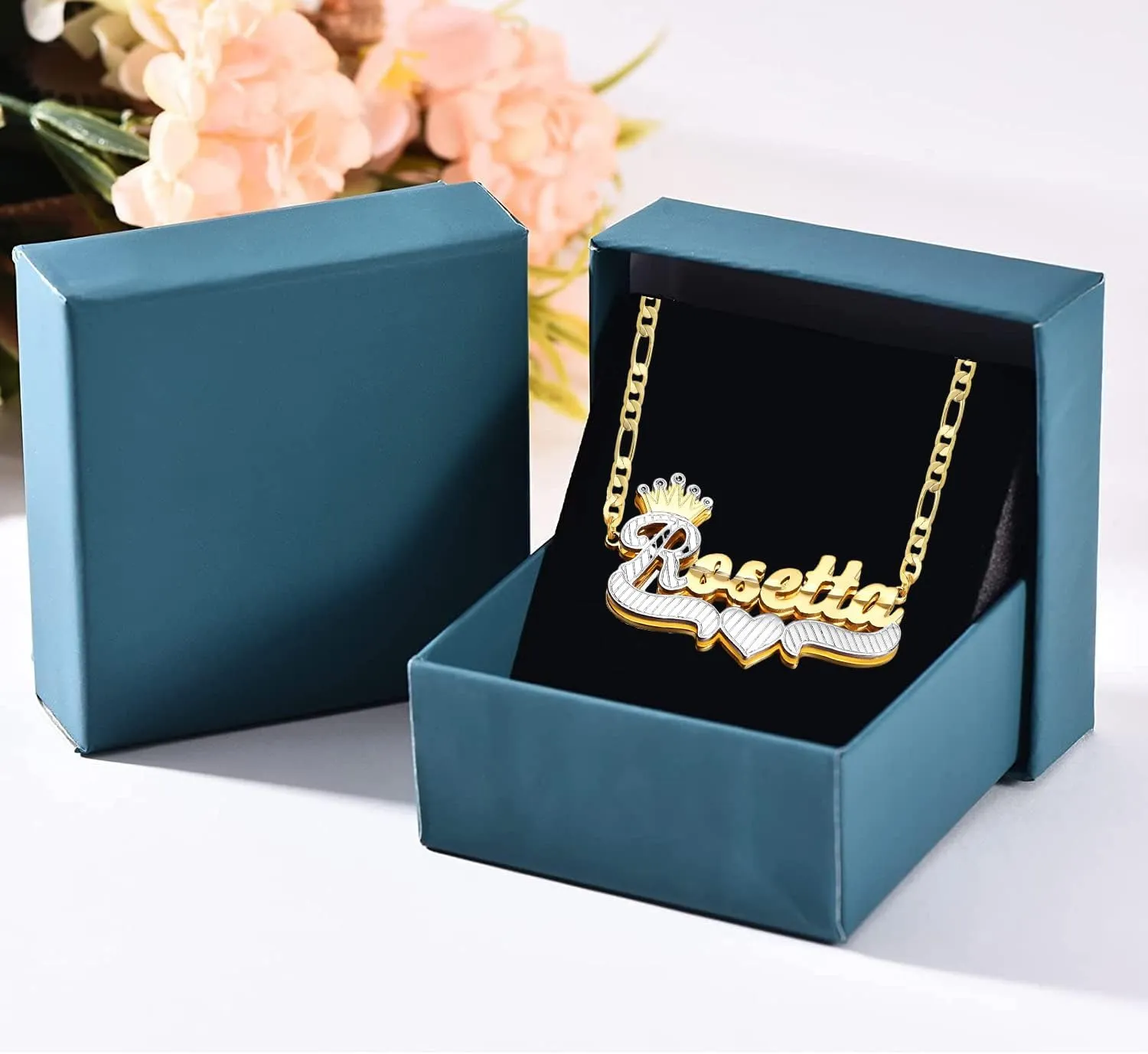 Name Plate Necklaces Double Plated Name Necklace Personalized Custom Name Necklace with Heart 18k Gold Plated Nameplate Pendant for Women