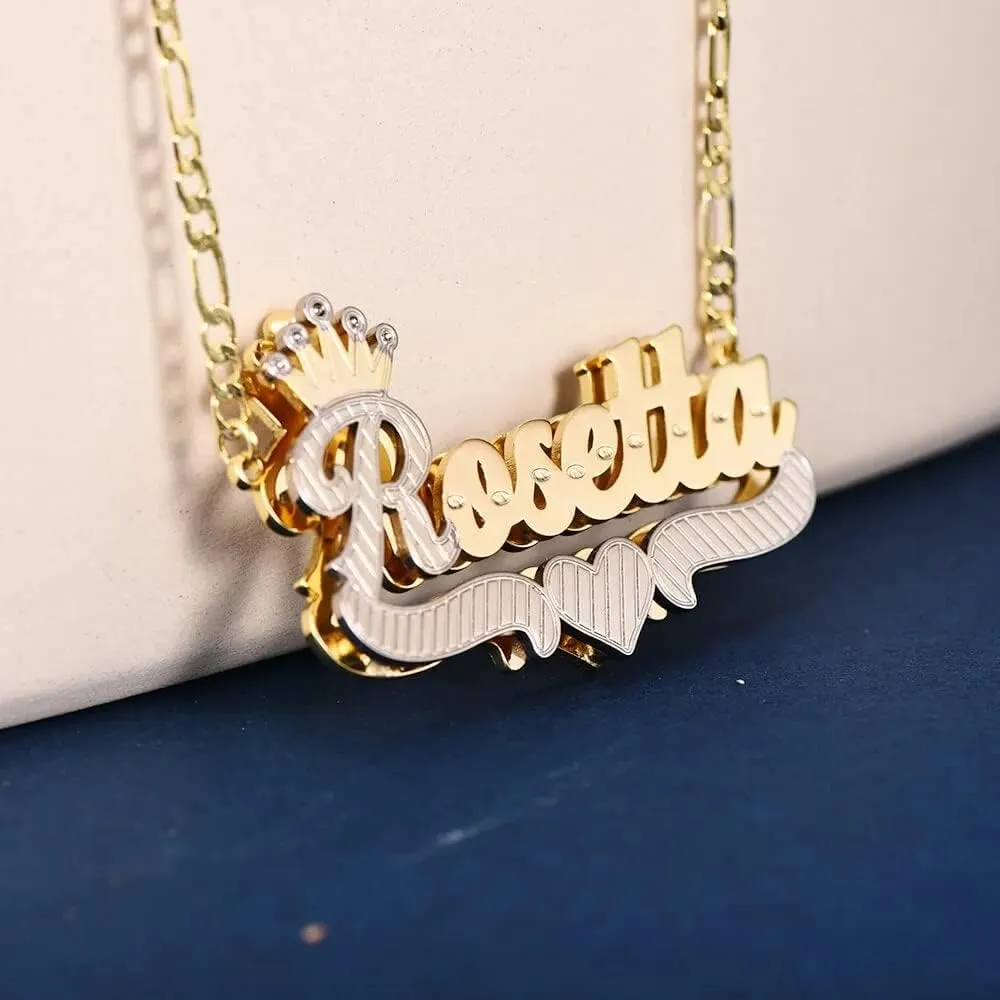 Name Plate Necklaces Double Plated Name Necklace Personalized Custom Name Necklace with Heart 18k Gold Plated Nameplate Pendant for Women