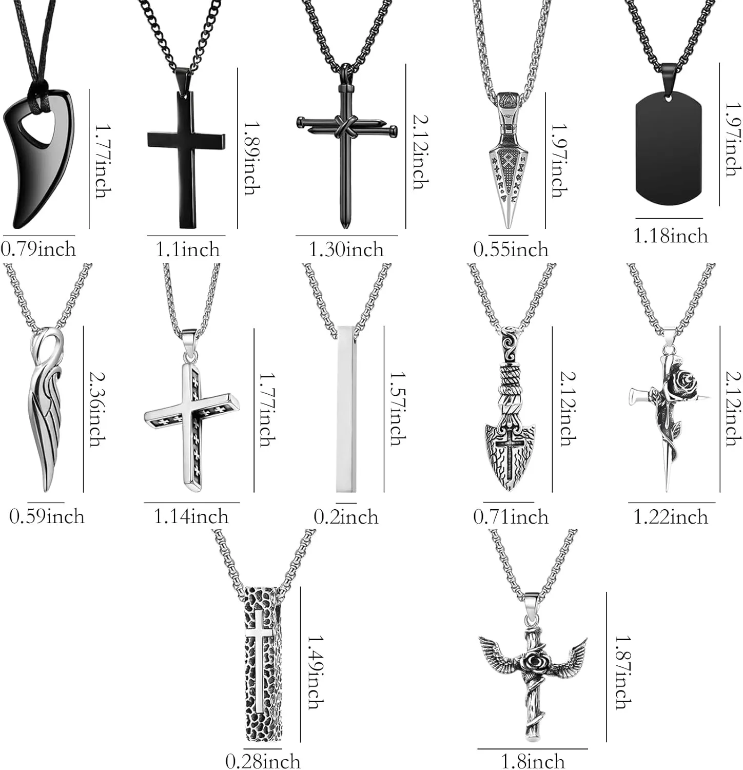 NEWITIN 12 Pieces Stainless Steel Necklaces for Men Hypoallergenic Necklace Unisex Punk Necklace Amulet Pendant Nail Cross Viking Necklaces for Men Women