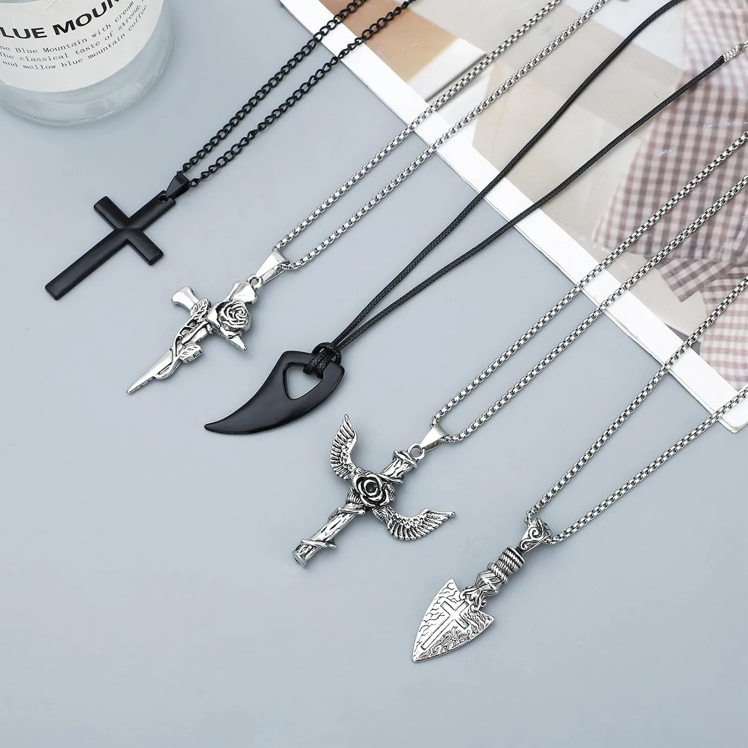 NEWITIN 12 Pieces Stainless Steel Necklaces for Men Hypoallergenic Necklace Unisex Punk Necklace Amulet Pendant Nail Cross Viking Necklaces for Men Women