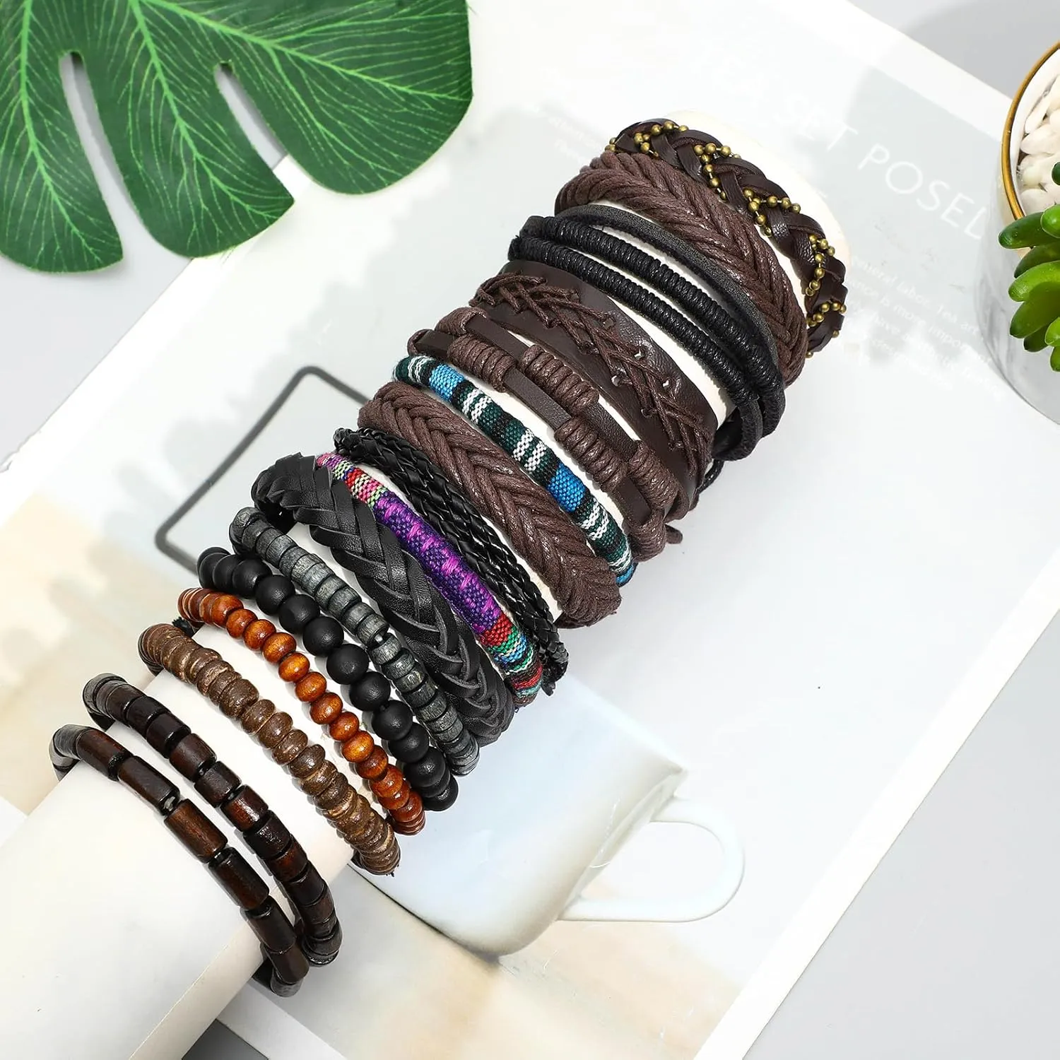 NEWITIN 36 Pieces Braided Leather Bracelets for Men Woven Cuff Wrap Bracelet Wood Beads Cuff Bangle Adjustable Wristband Bracelets Ethnic Tribal Bracelet Set for Women Men