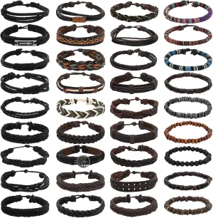 NEWITIN 36 Pieces Braided Leather Bracelets for Men Woven Cuff Wrap Bracelet Wood Beads Cuff Bangle Adjustable Wristband Bracelets Ethnic Tribal Bracelet Set for Women Men