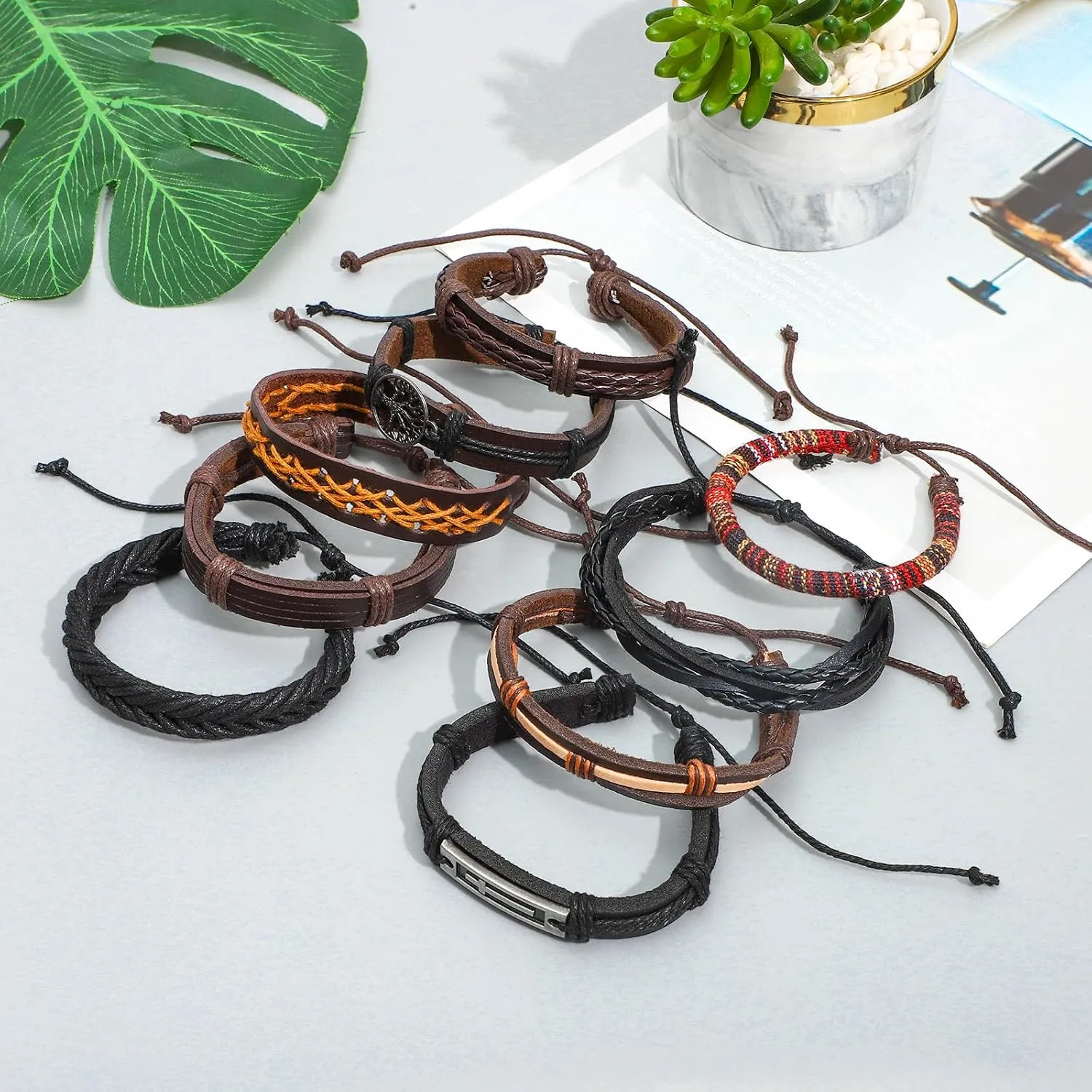 NEWITIN 36 Pieces Braided Leather Bracelets for Men Woven Cuff Wrap Bracelet Wood Beads Cuff Bangle Adjustable Wristband Bracelets Ethnic Tribal Bracelet Set for Women Men