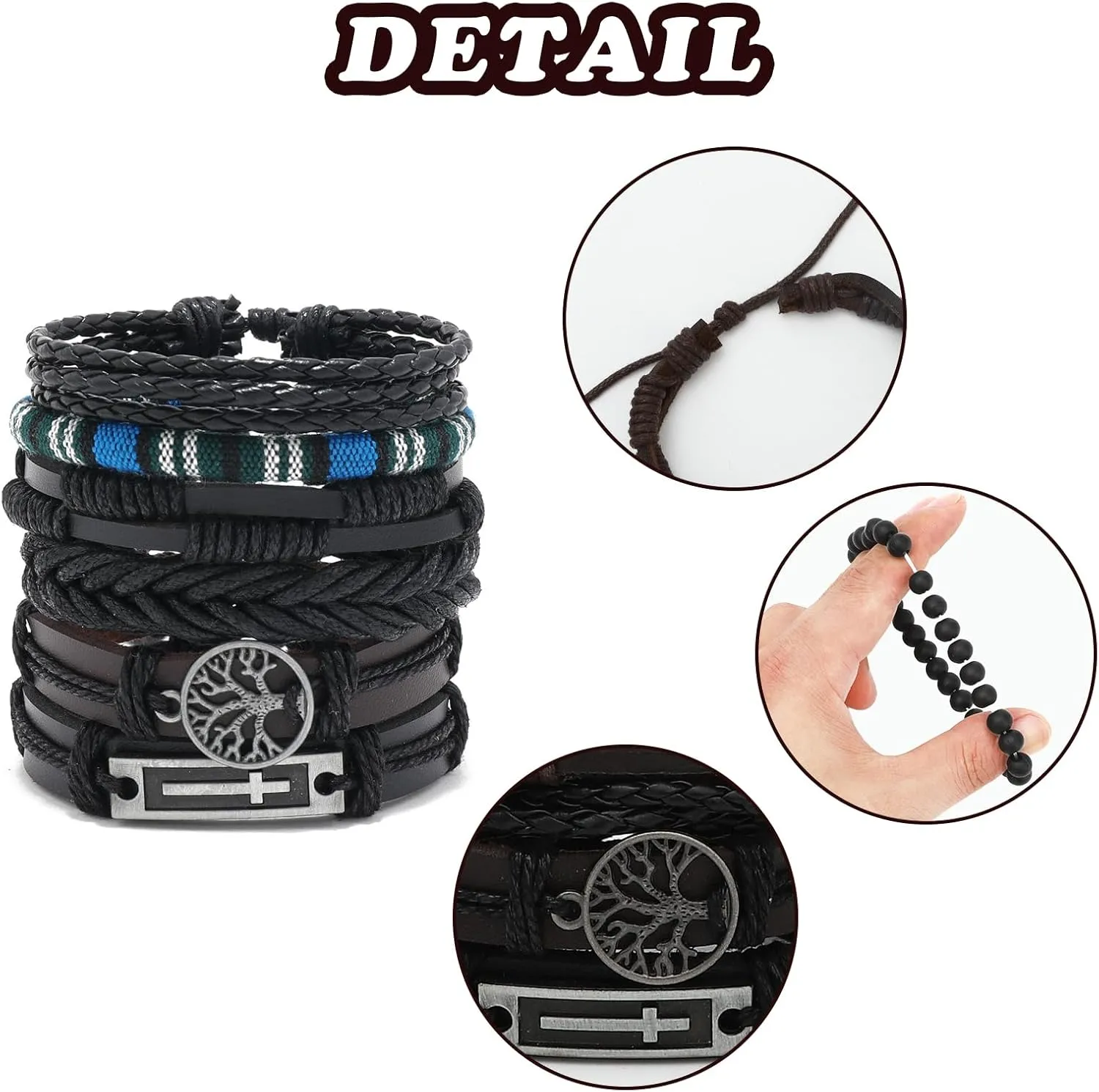 NEWITIN 36 Pieces Braided Leather Bracelets for Men Woven Cuff Wrap Bracelet Wood Beads Cuff Bangle Adjustable Wristband Bracelets Ethnic Tribal Bracelet Set for Women Men