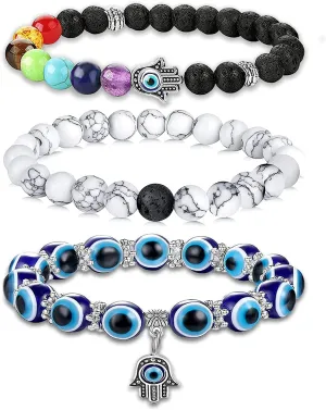 PANSHI Evil Eye Bracelets for Women Teens Chakra Crystal Beaded Bracelet Set Hamsa Amulet Protection Jewelry