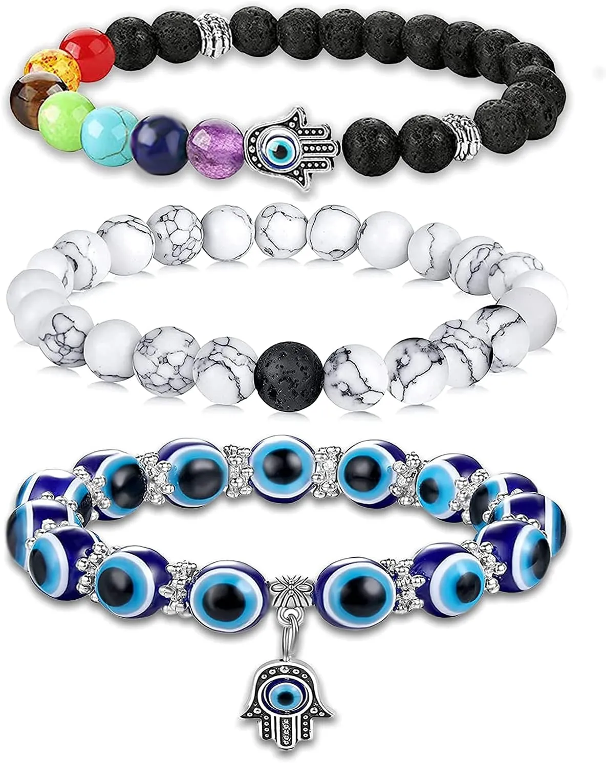PANSHI Evil Eye Bracelets for Women Teens Chakra Crystal Beaded Bracelet Set Hamsa Amulet Protection Jewelry