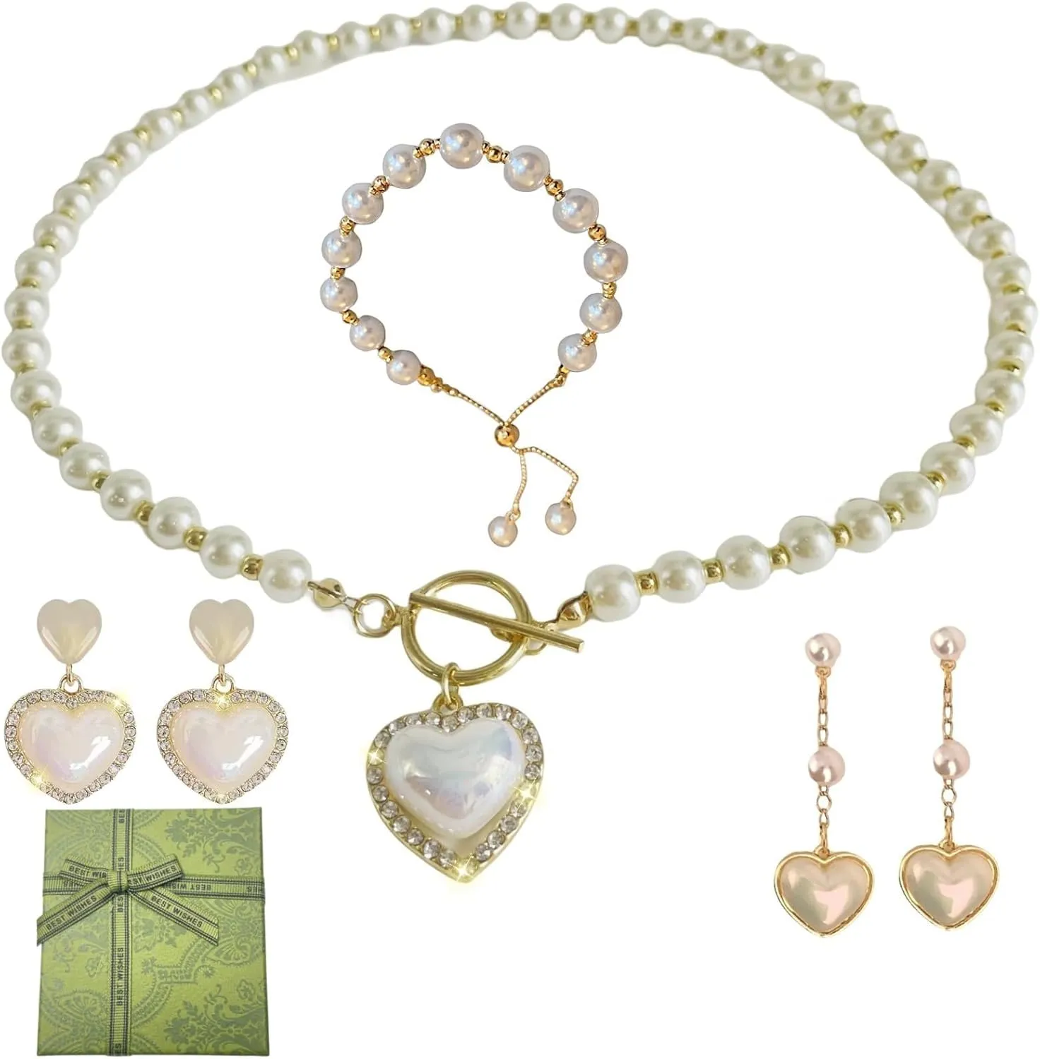 Pearl Heart Necklace and Earring set - 4PCS Pearl Jewelry Set for Women Gold Plated Pearl Choker Necklace Pearl Bracelet Pearl Earrings Set Trendy Gifts (Heart Pearl Set),Valentines Gift