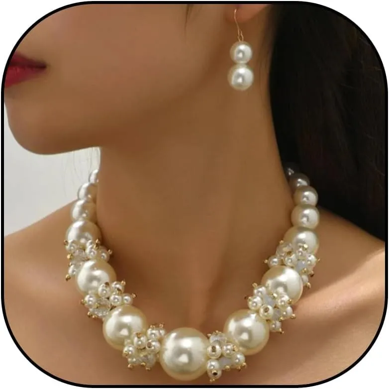 Pearl Jewelry Set - Chunky Necklace and Earrings for Women, Dainty Gold Wedding Set for Bride