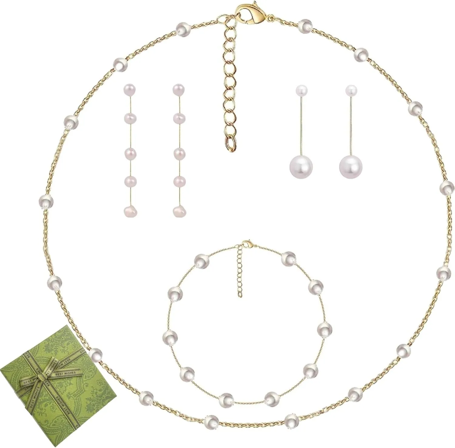 Pearl Necklace and Earring Set - 4PCS Pearl Jewelry Set for Women Adjustable Gold Plated Pearl Choker Bracelet Earrings Set Trendy Valentines Gift(Satellite Pearl Set)