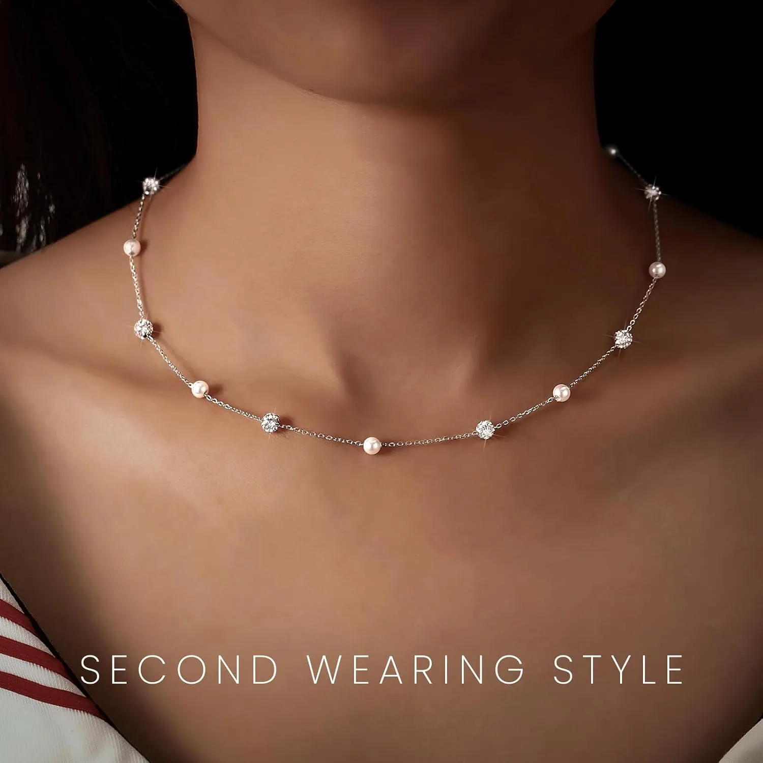 Pearl Necklace for Women 925 Sterling Silver Pearl Drop Y Necklace with Cubic Zirconia Crystal Ball Sparkle Necklace for Brides Adjustable Silver Wedding Necklace Birthday Everyday Jewelry18.31" Graduation Gifts
