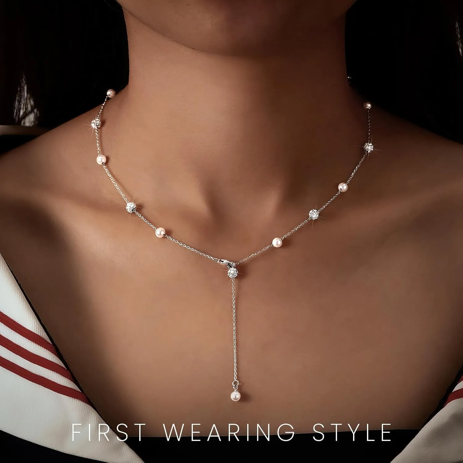 Pearl Necklace for Women 925 Sterling Silver Pearl Drop Y Necklace with Cubic Zirconia Crystal Ball Sparkle Necklace for Brides Adjustable Silver Wedding Necklace Birthday Everyday Jewelry18.31" Graduation Gifts