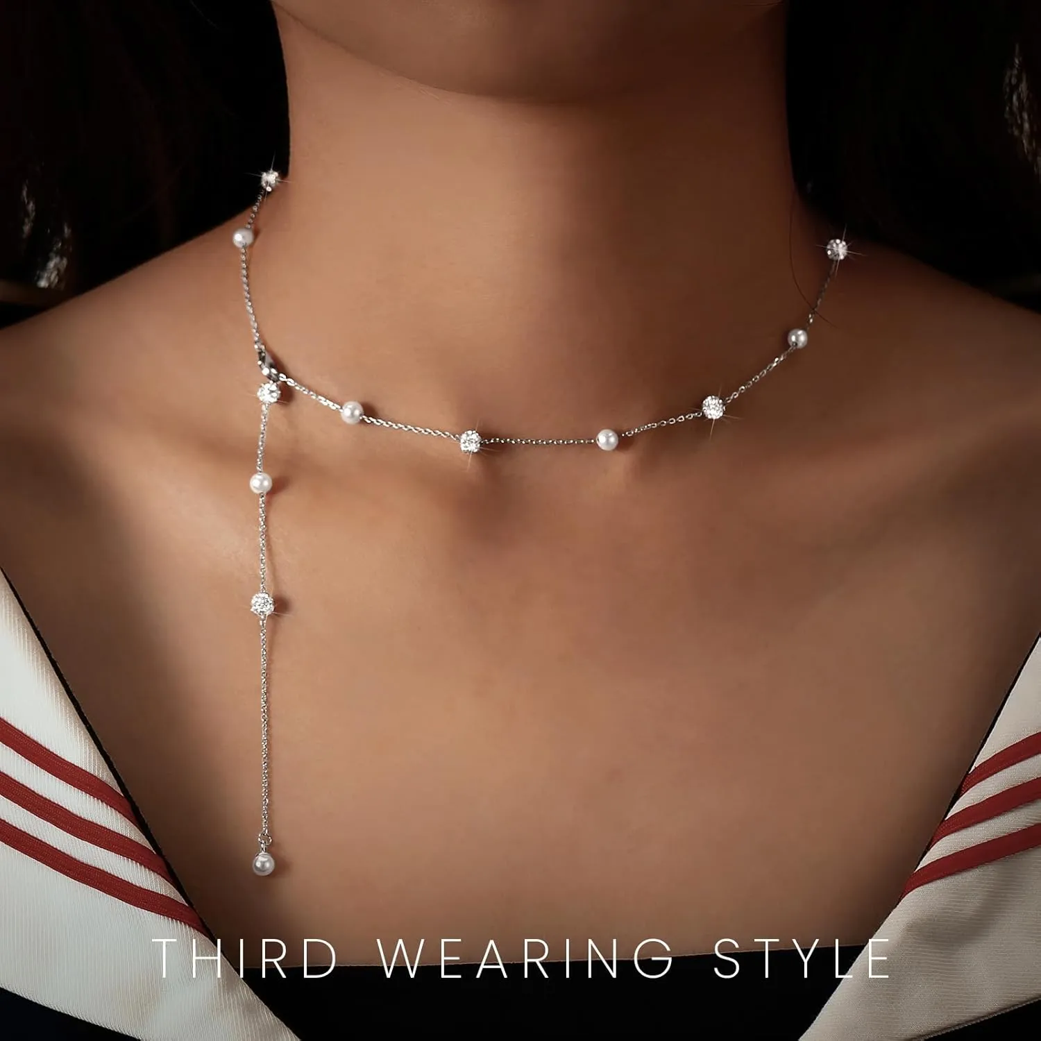 Pearl Necklace for Women 925 Sterling Silver Pearl Drop Y Necklace with Cubic Zirconia Crystal Ball Sparkle Necklace for Brides Adjustable Silver Wedding Necklace Birthday Everyday Jewelry18.31" Graduation Gifts