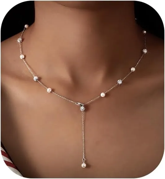 Pearl Necklace for Women 925 Sterling Silver Pearl Drop Y Necklace with Cubic Zirconia Crystal Ball Sparkle Necklace for Brides Adjustable Silver Wedding Necklace Birthday Everyday Jewelry18.31" Graduation Gifts