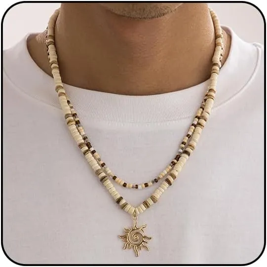 Puka Shell Necklace for Men - Surfer Wooden Beaded Coconut Shell Beach Jewelry - Hawaiian Summer Accessory