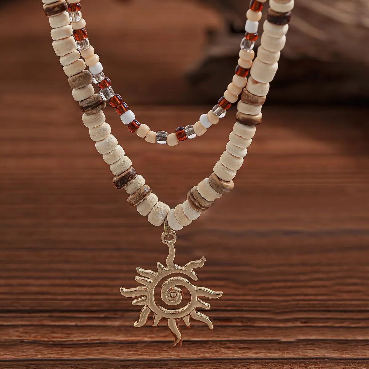Puka Shell Necklace for Men - Surfer Wooden Beaded Coconut Shell Beach Jewelry - Hawaiian Summer Accessory