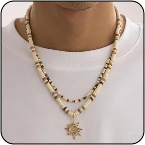 Puka Shell Necklace for Men - Surfer Wooden Beaded Coconut Shell Beach Jewelry - Hawaiian Summer Accessory
