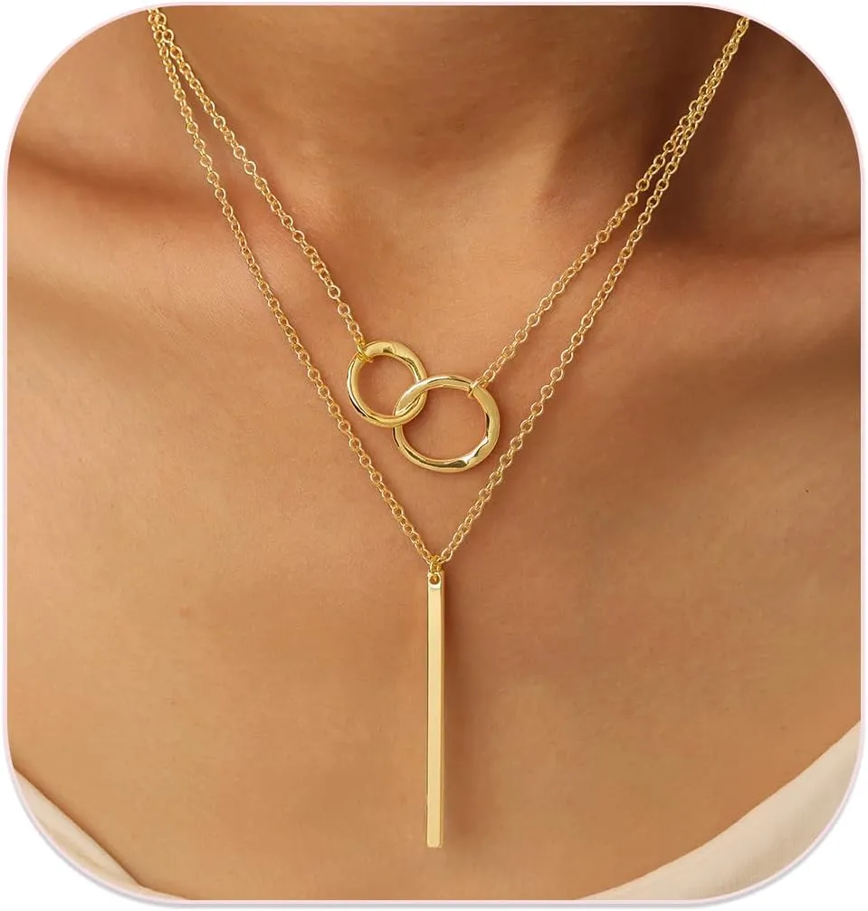 RANKEEF Layered Gold Necklaces For Women 14K Gold Plated Adjustable Pearl Round Piece Bar Layered Necklace Sleek Herringbone Chain Double Circle Layered Necklace Set Gold Layered Necklaces For Women