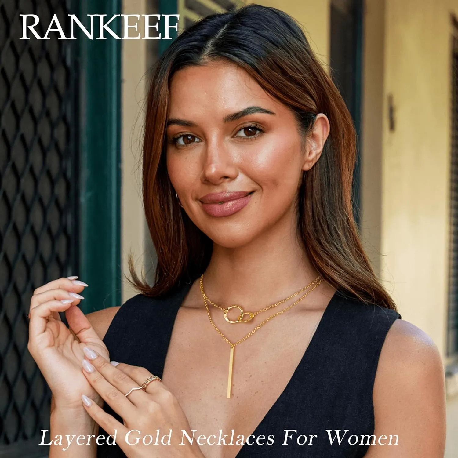 RANKEEF Layered Gold Necklaces For Women 14K Gold Plated Adjustable Pearl Round Piece Bar Layered Necklace Sleek Herringbone Chain Double Circle Layered Necklace Set Gold Layered Necklaces For Women