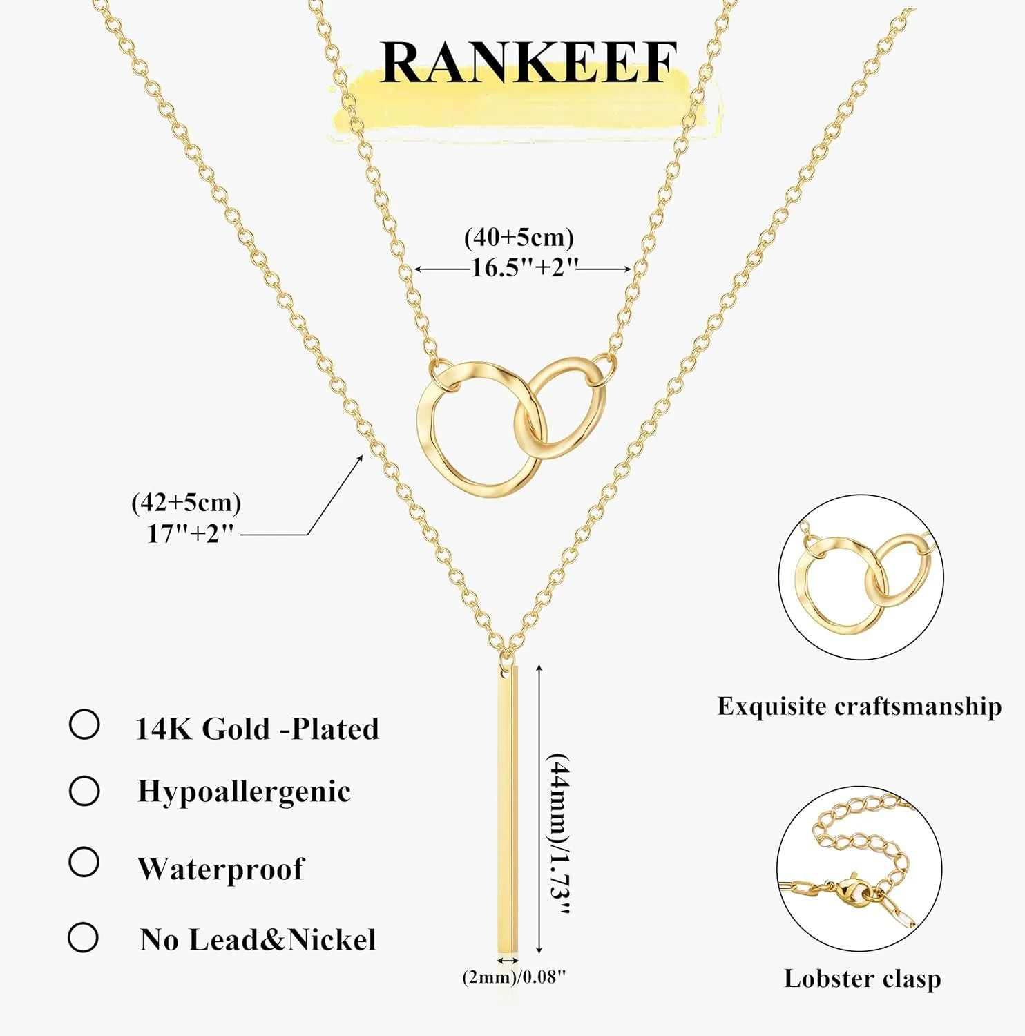 RANKEEF Layered Gold Necklaces For Women 14K Gold Plated Adjustable Pearl Round Piece Bar Layered Necklace Sleek Herringbone Chain Double Circle Layered Necklace Set Gold Layered Necklaces For Women