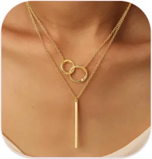 RANKEEF Layered Gold Necklaces For Women 14K Gold Plated Adjustable Pearl Round Piece Bar Layered Necklace Sleek Herringbone Chain Double Circle Layered Necklace Set Gold Layered Necklaces For Women