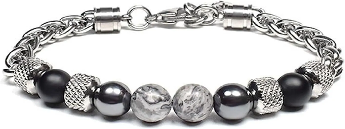 Rankeef Men's Beaded Bracelet - Stainless Steel, Natural Stone, 8MM, Wrist Bracelet - Jewellry Gifts for Dad