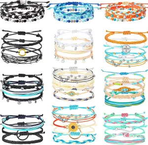 Remerry 42 Pcs Sunflower Bracelets Surfer Wave Bracelet Handmade Braided Rope Friendship Bracelets Adjustable Bracelets for Women (Delicate Style)