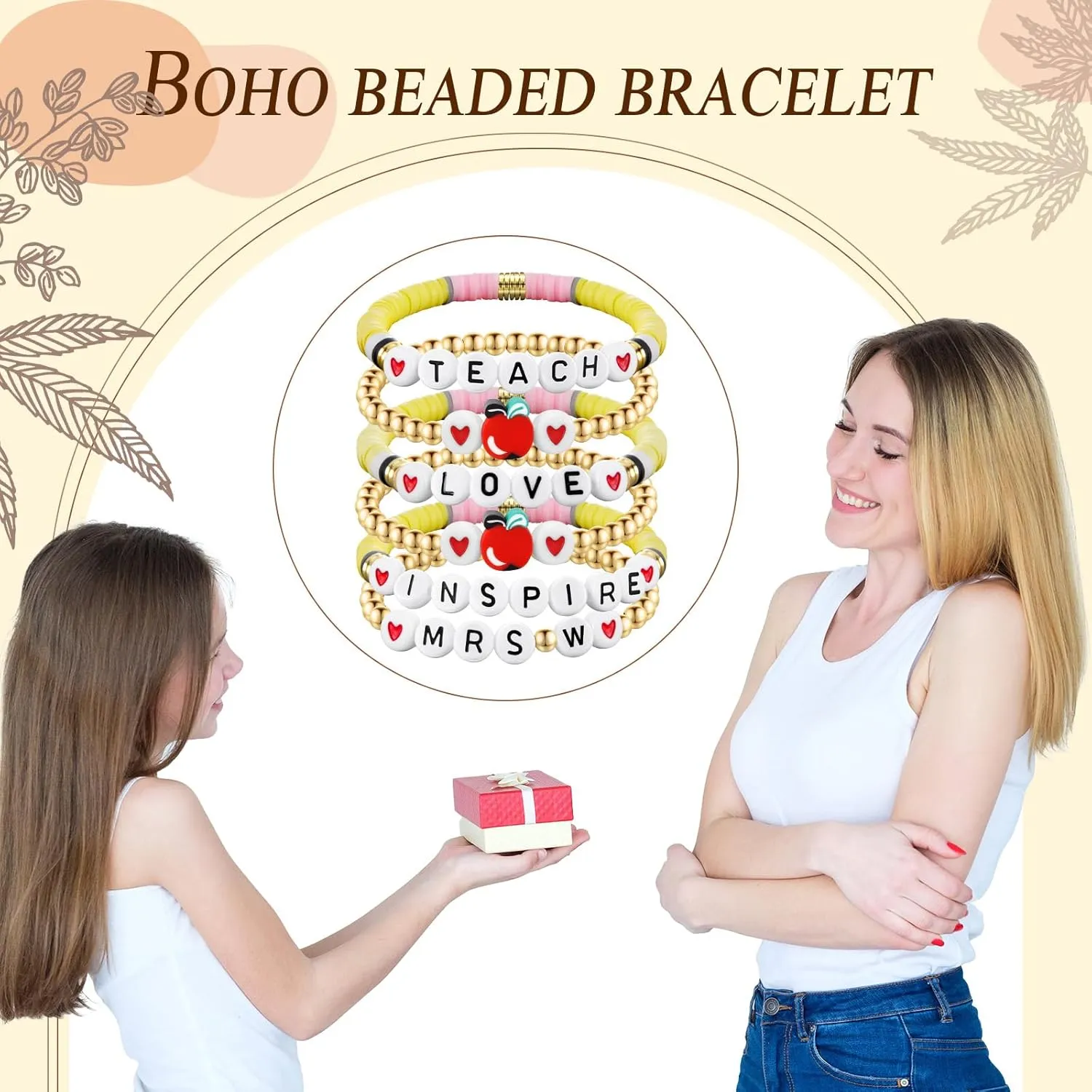 Remuuly 6 Pcs Personalized Beaded Bracelet Teacher Beaded Bracelets Appreciation Gifts Heishi Bracelets with Card