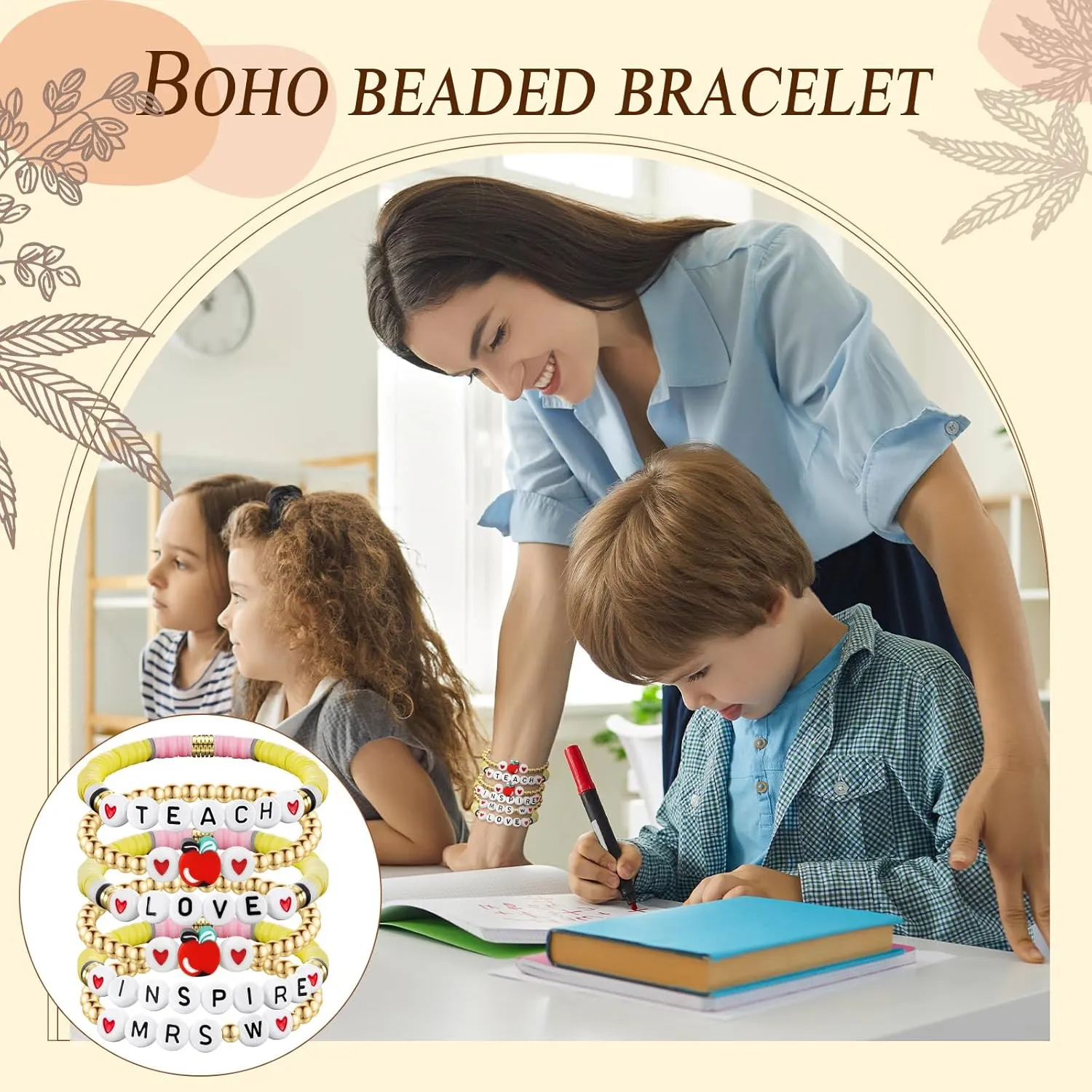 Remuuly 6 Pcs Personalized Beaded Bracelet Teacher Beaded Bracelets Appreciation Gifts Heishi Bracelets with Card