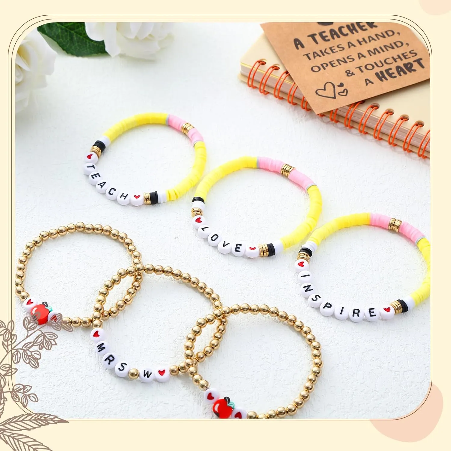Remuuly 6 Pcs Personalized Beaded Bracelet Teacher Beaded Bracelets Appreciation Gifts Heishi Bracelets with Card