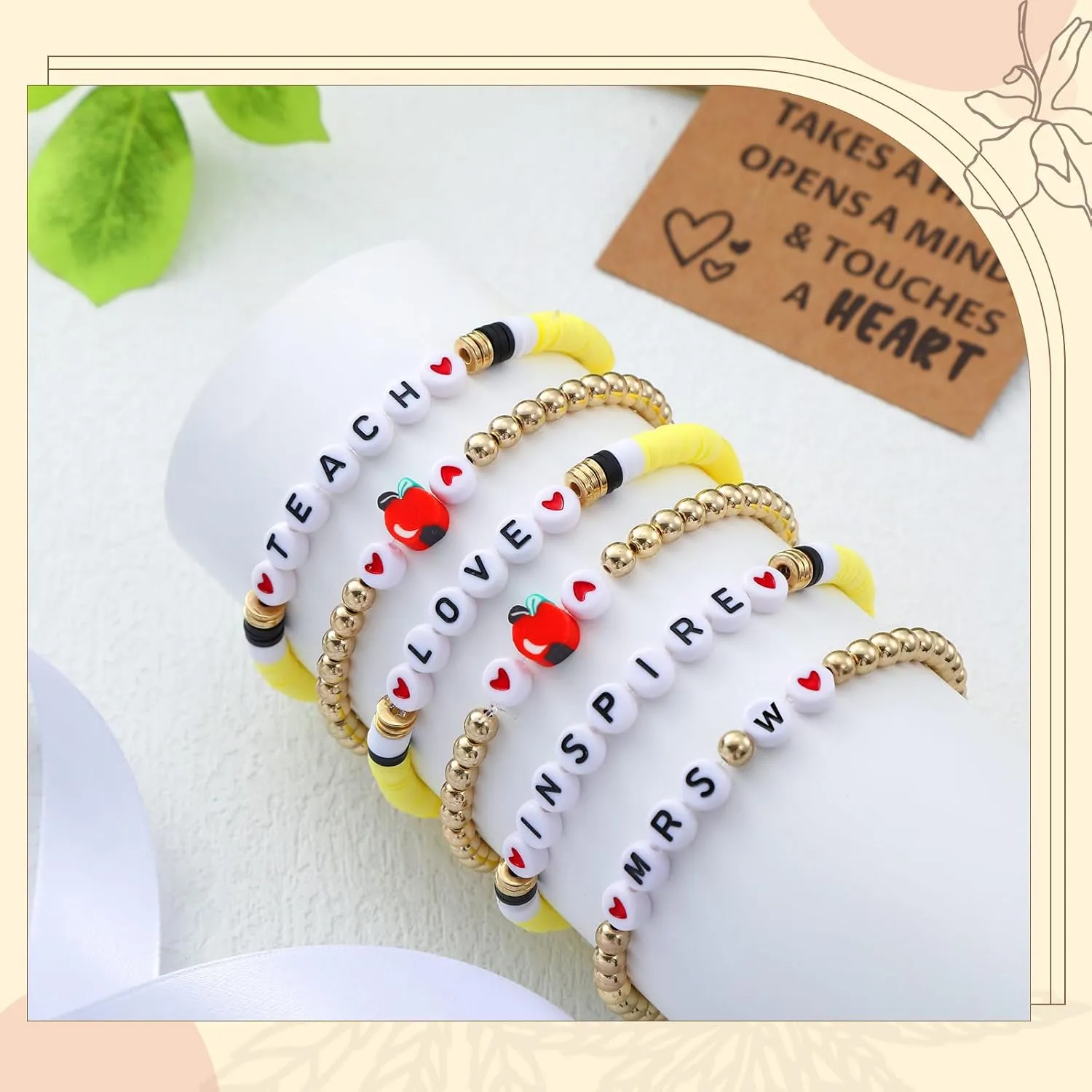 Remuuly 6 Pcs Personalized Beaded Bracelet Teacher Beaded Bracelets Appreciation Gifts Heishi Bracelets with Card