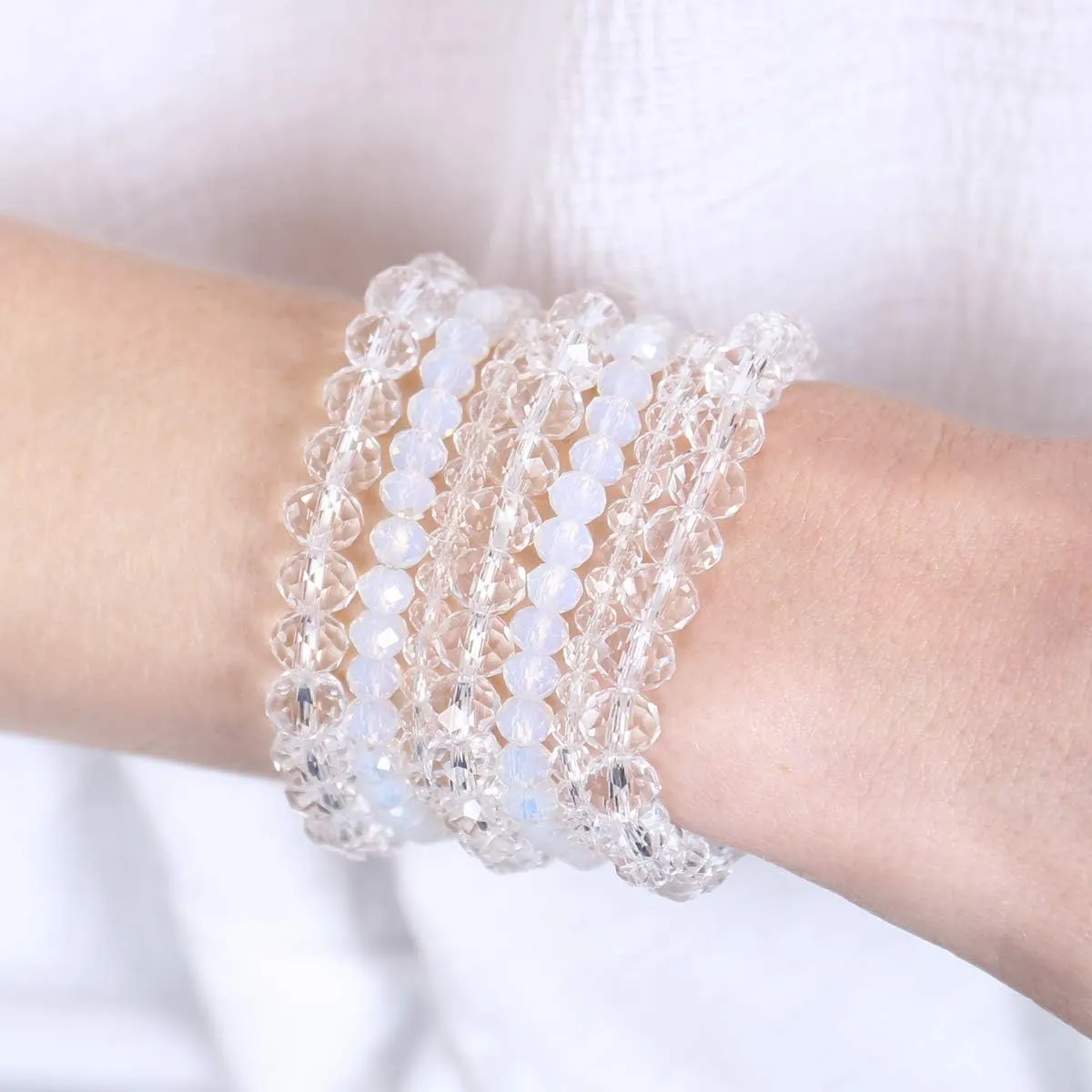 RIAH FASHION Bohemian Multi-Layer Beaded Stacking Statement Bracelets - Versatile Stretch Strand Sparkly Crystal Beads Wrap Slip-on Cuff Bangle Set