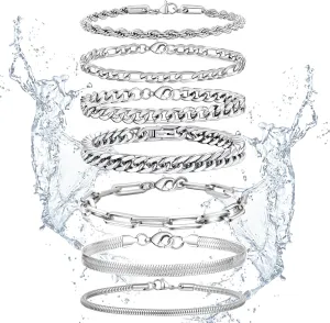 Ritach 4 Pcs Stainless Steel Bracelets for Men Women Cuban Link Bracelet Rope Paperclip Chain Bracelets Set 7.5/8.0/8.5 Inches Mens Metal Bracelets Silver Bracelets
