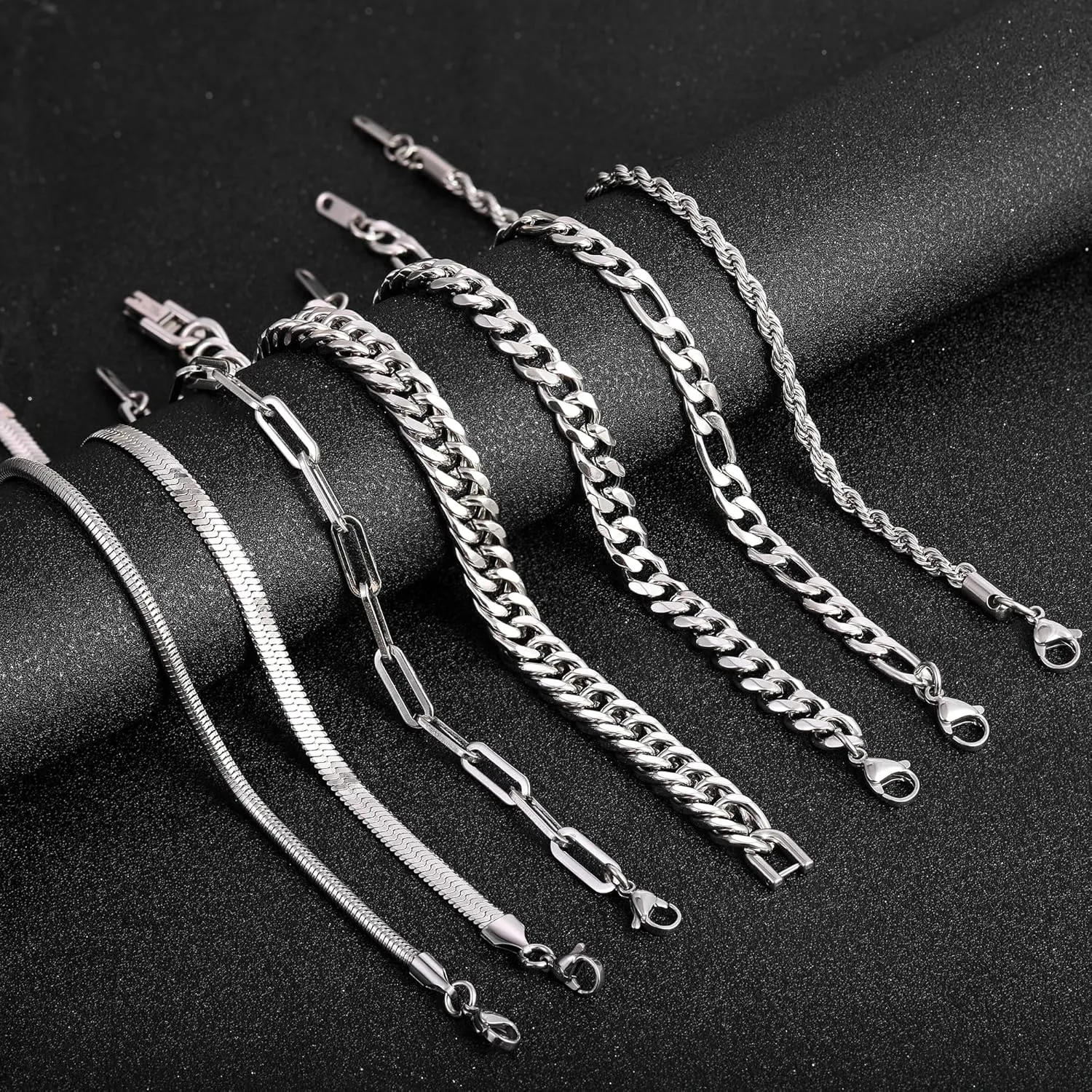Ritach 4 Pcs Stainless Steel Bracelets for Men Women Cuban Link Bracelet Rope Paperclip Chain Bracelets Set 7.5/8.0/8.5 Inches Mens Metal Bracelets Silver Bracelets