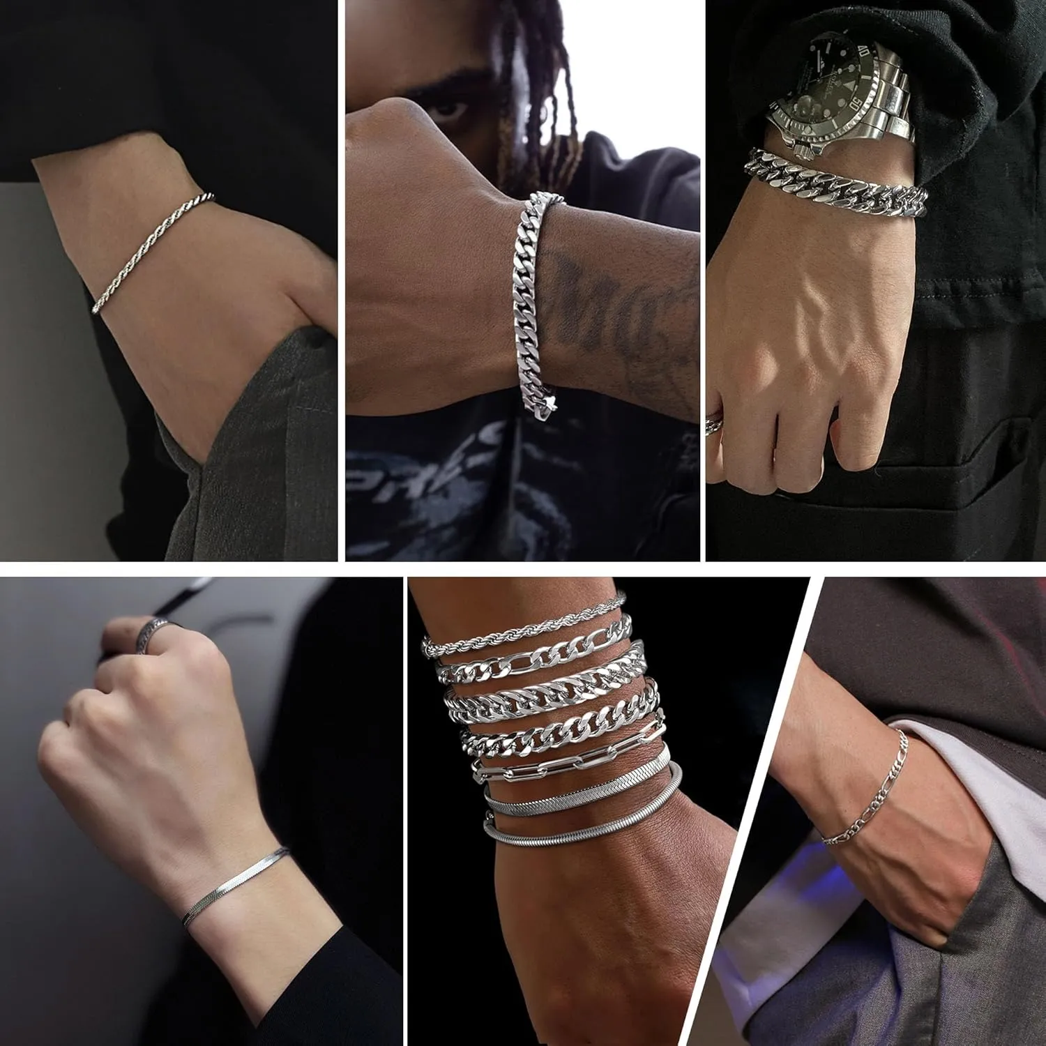 Ritach 4 Pcs Stainless Steel Bracelets for Men Women Cuban Link Bracelet Rope Paperclip Chain Bracelets Set 7.5/8.0/8.5 Inches Mens Metal Bracelets Silver Bracelets
