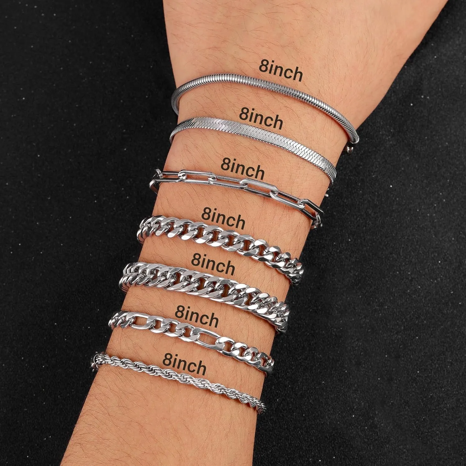 Ritach 4 Pcs Stainless Steel Bracelets for Men Women Cuban Link Bracelet Rope Paperclip Chain Bracelets Set 7.5/8.0/8.5 Inches Mens Metal Bracelets Silver Bracelets