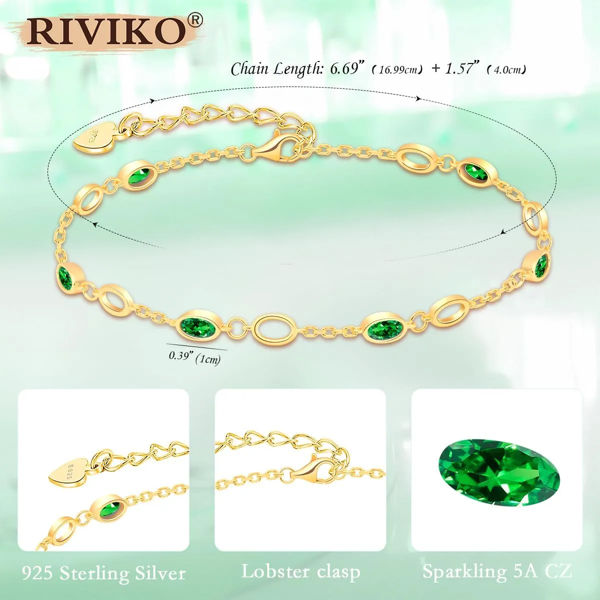 RIVIKO Birthstone Bracelets for Women,925 Sterling Silver Gold Plated Dainty Women Charm Link Bracelet,Adjustable Anniversary Jewelry Chrismas Birthday Mothers day Gifts for Mom Her Wife Friend Lady