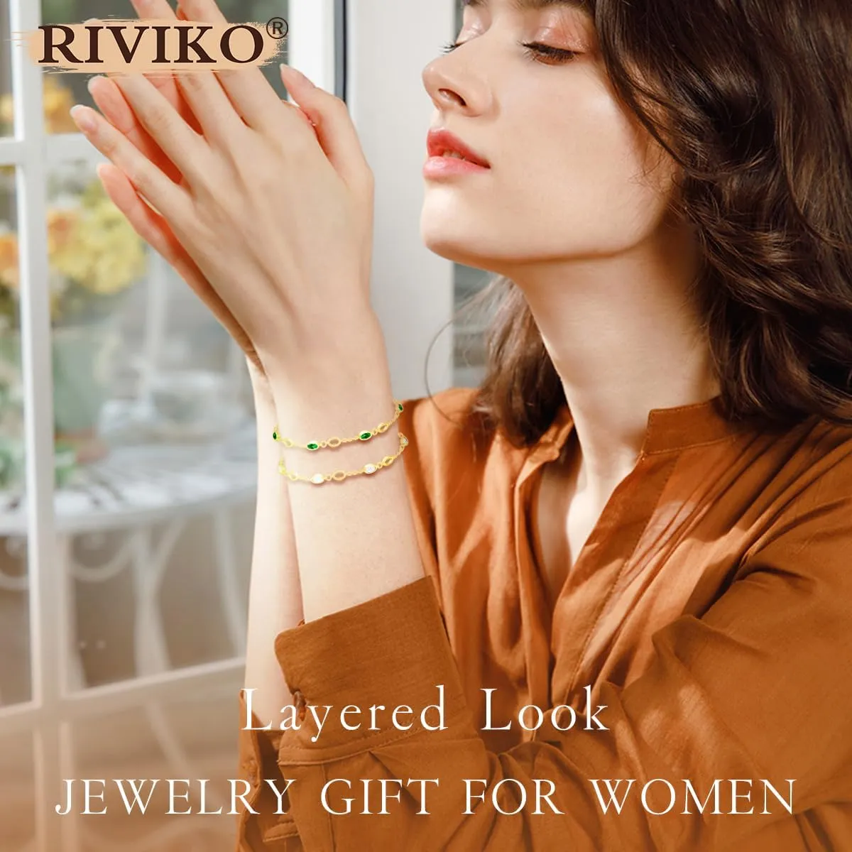 RIVIKO Birthstone Bracelets for Women,925 Sterling Silver Gold Plated Dainty Women Charm Link Bracelet,Adjustable Anniversary Jewelry Chrismas Birthday Mothers day Gifts for Mom Her Wife Friend Lady