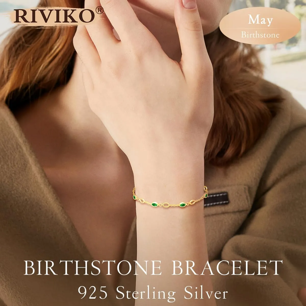 RIVIKO Birthstone Bracelets for Women,925 Sterling Silver Gold Plated Dainty Women Charm Link Bracelet,Adjustable Anniversary Jewelry Chrismas Birthday Mothers day Gifts for Mom Her Wife Friend Lady