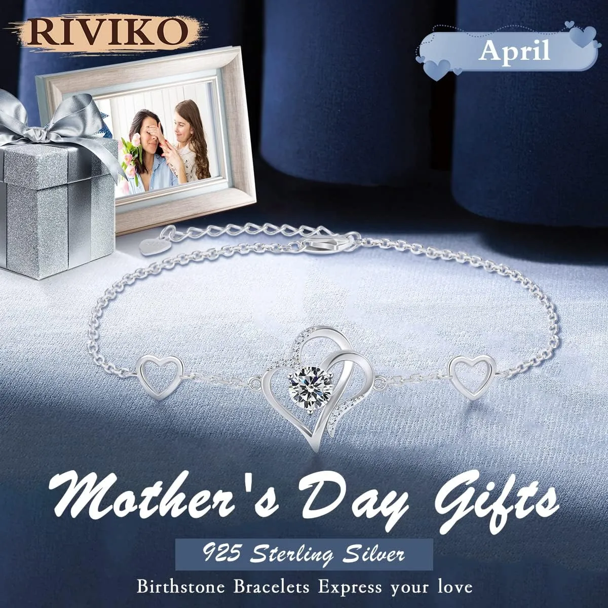 RIVIKO Love Heart Charm Bracelet For Women 925 Sterling Silver With Zirconia Birthstone Bracelets Adjustable Link for Mother Wife Sister Birthday Mother's Day Anniversary Jewelry Gift