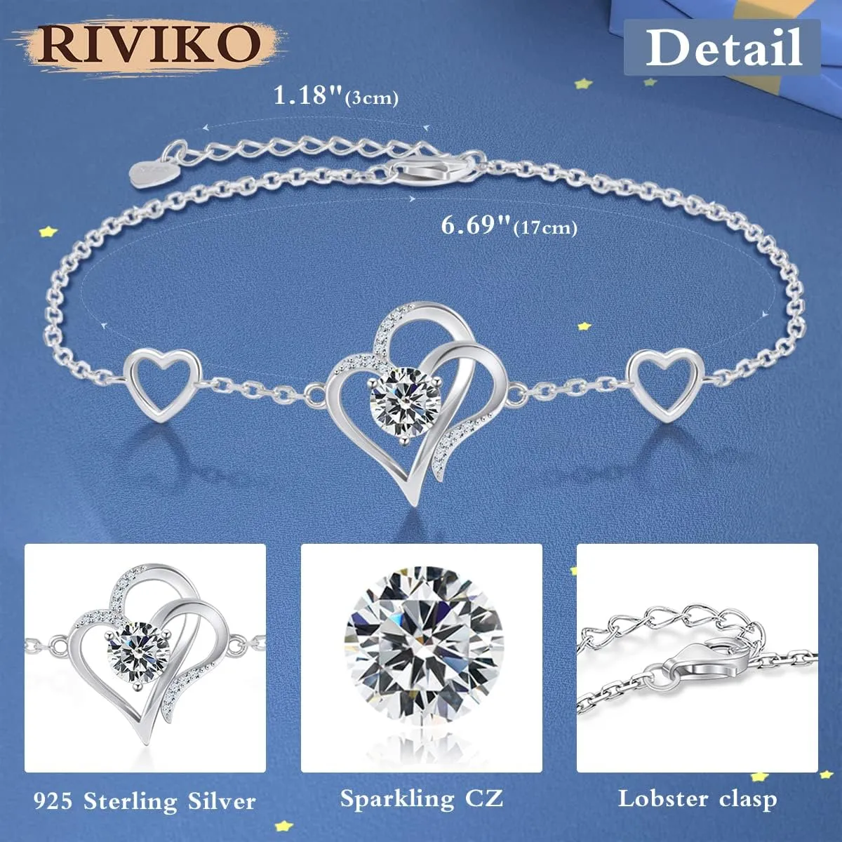 RIVIKO Love Heart Charm Bracelet For Women 925 Sterling Silver With Zirconia Birthstone Bracelets Adjustable Link for Mother Wife Sister Birthday Mother's Day Anniversary Jewelry Gift